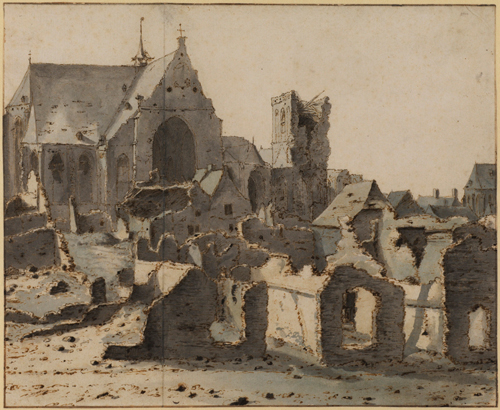 Valentijn Klotz (op.1669-1697). View of Grave on the Mass after a siege, 1675. Pen and ink (brown) and watercolour (grey) on paper 
The Samuel Courtauld Trust, The Courtauld Gallery, London.
