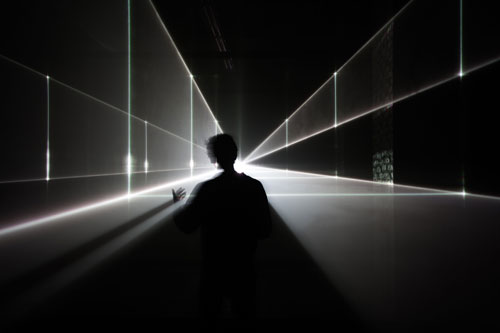 United Visual Artists: Vanishing Point. Installation view (3), 2013. RGB laser, black voile, code. Photo courtesy of the artists.
