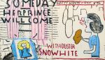 Rose Wylie, Snowwhite (3) with Duster, 2018. Oil on canvas, 183.5 × 320 cm (overall). Private collection. © Rose Wylie. Courtesy the artist and David Zwirner. Photo: Jo Moon Price.