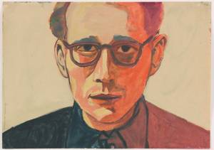 Andrzej Wróblewski. (Self-Portrait in Red), undated. Watercolour and gouache on paper, 29.5 x 41.7 cm. Private Collection. © Andrzej Wróblewski Foundation.