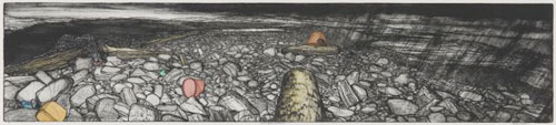 Frances Walker. Storm Beach Boreray, 2001. Etching plus ink on plate and watercolour tint, 23 x 103 cm. Courtesy of Tatha Gallery, Newport on Tay. Copyright Frances Walker.