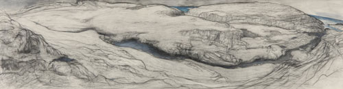Frances Walker. The Dun Burn, 1994. Drawing pencil and watercolour, 37.5 x 145 cm. Courtesy of Tatha Gallery, Newport on Tay. Copyright Frances Walker.