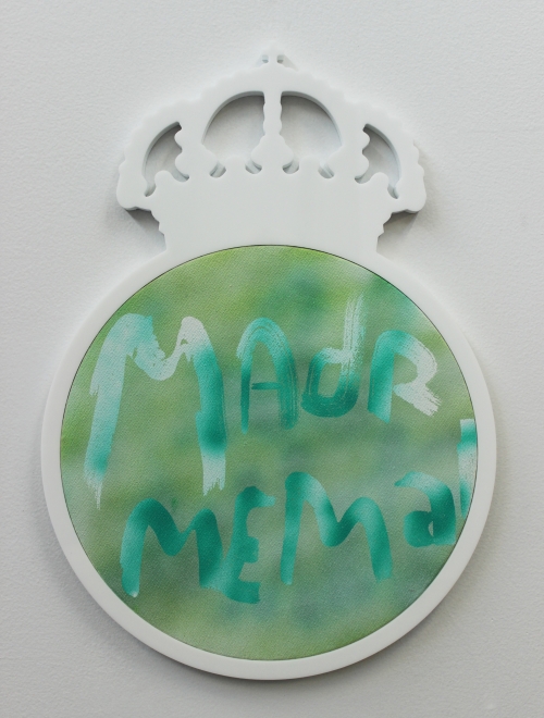 Wendy White. Madrid Me Mata, 2014. Acrylic on canvas, plexiglas and PVC frame, 18.25 x 13 in (46.4 x 33 cm).