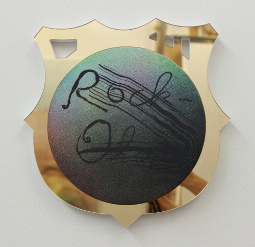 Wendy White. Rock-Ola, 2014. Acrylic on canvas, gold mirrored PVC frame, 10.5 x 10.5 in (26.7 x 26.7 cm).