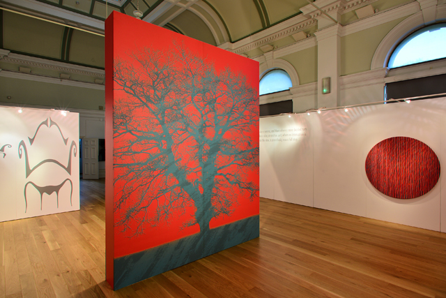 Kate Whiteford. Installation view, left to right: Anamorphic drawings for Sitelines (After Chippendale) 2000, laser cut vinyl; Tree Optic, 2016, print on vinyl on panel; Punctuation Quotation, Capability Brown; Punctuation Series, (After Capability Brown) Full stop, 2016, acrylic on canvas over panel.