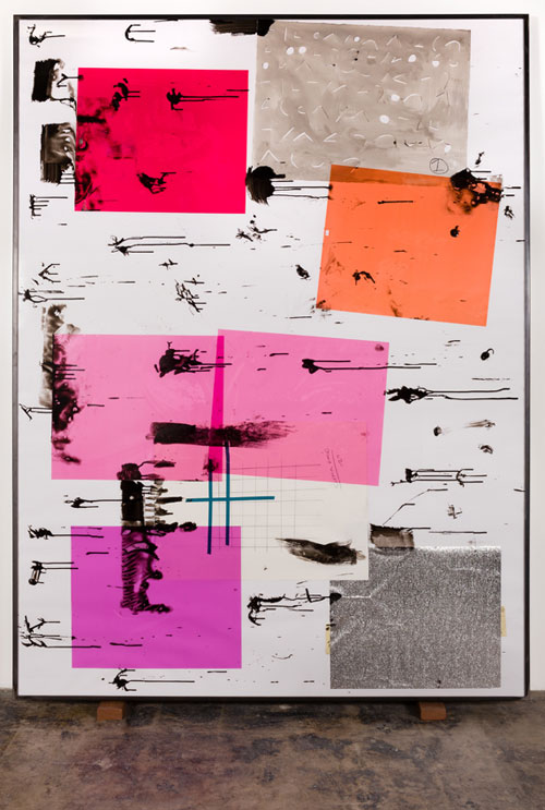 Dashiell Manley. Scene 3 Version B 2, 2013. Gouache, ink, watercolor, linen, wood, acrylic sheet, lighting gels, paper, tape, steel, 72.5 x 96.5 in. Photograph: Jeff Mclane. Image courtesy of the Artist, Redling Fine Art, and Jessica Silverman Gallery.