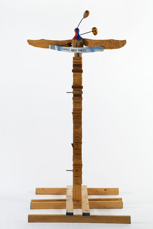 Jimmie Durham. Choose Any Three, 1989. Carved and painted wood, metal, and glass, 99 3/16 x 49 3/16 x 48 in (251.9 x 124.9 x 121.9 cm). Kurimanzutto, Mexico City. Courtesy the artist and kurimanzutto, Mexico City. Copyright Jimmie Durham. Photograph: Jean Christophe Lett.