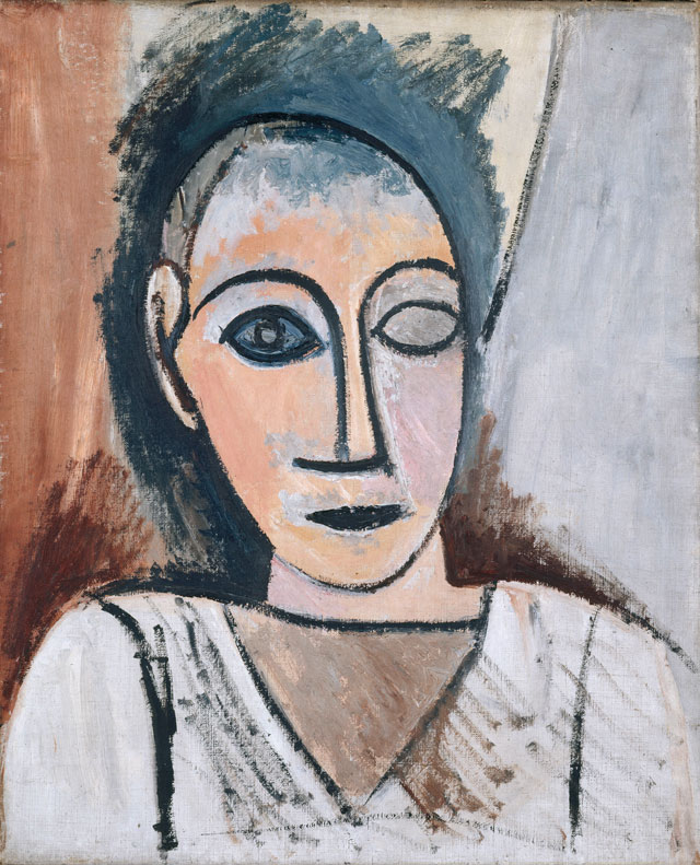 Pablo Picasso. Male Bust (study for Les Demoiselles d’Avignon), 1907. Oil on canvas, 22 1/16 x 18 5/16 in. Musée national Picasso Paris, MP14. © 2017 Estate of Pablo Picasso / Artists Rights Society (ARS), New York. Image © RMN Grand Palais / Art Resource, NY. Photograph: René Gabriel Ojéda.