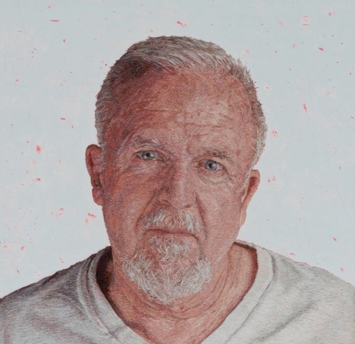 Cayce Zavaglia. Ray (A Portrait of My Father), 2015. Hand embroidery. One ply cotton, silk and wool thread on Belgian linen with acrylic, 7.5 x 7.5 in (19.1 x 19.1 cm).