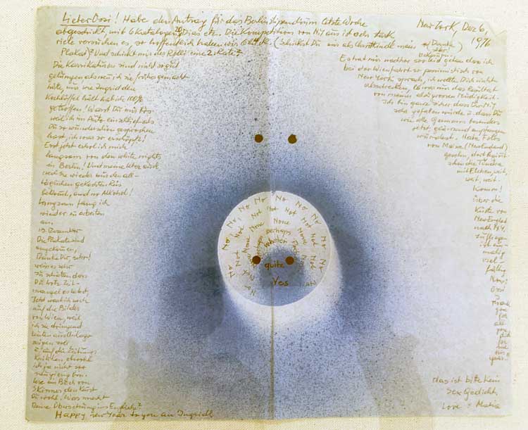 Maria Lassnig, Letter to Oswald Wiener, 1976. Installation view, A.rtificial I.ntrospection O, Halle für Kunst Steiermark, Graz, 20 May – 6 September 2026. Photo: Bronac Ferran.
