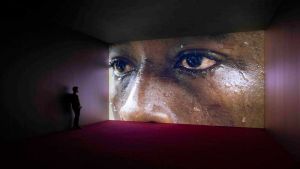 Karimah Ashadu, Muscle, 2025. HD digital film, colour with sound. single channel. Installation view, Camden Art Centre, 2025. Courtesy the artist, Fondazione In Between Art Film, Sadie Coles HQ, London and Camden Art Centre. Photo: Andrea Rossetti.