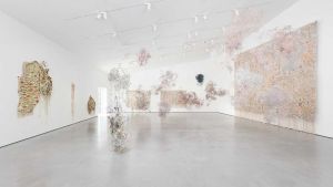 This show, about the imprints of the human body, and which includes three new commissions – two tapestries and one of his ‘dust cloud’ installations – is conversely light and celestial