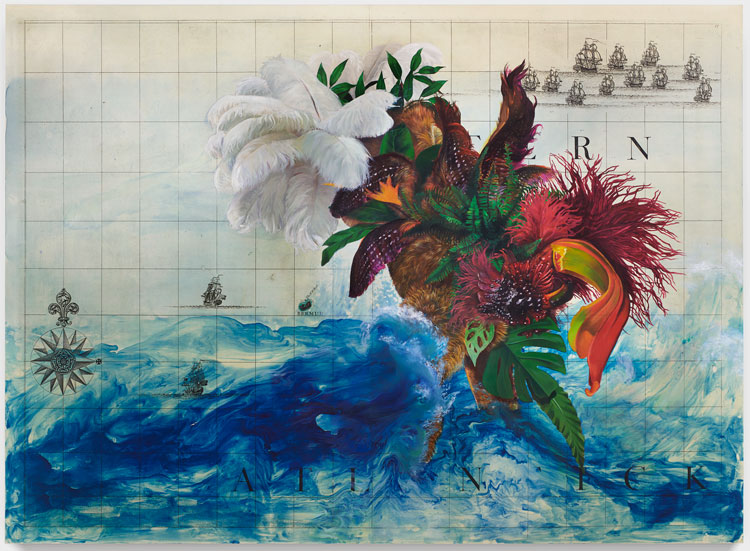 Firelei Báez. Untitled (A Map of the British Empire in America), 2021. Oil and acrylic on archival printed canvas. Courtesy the artist and James Cohan, New York. Photo: Phoebe d’Heurle. Image use: David Rumsey Map Collection, David Rumsey Map Centre, Stanford Libraries.