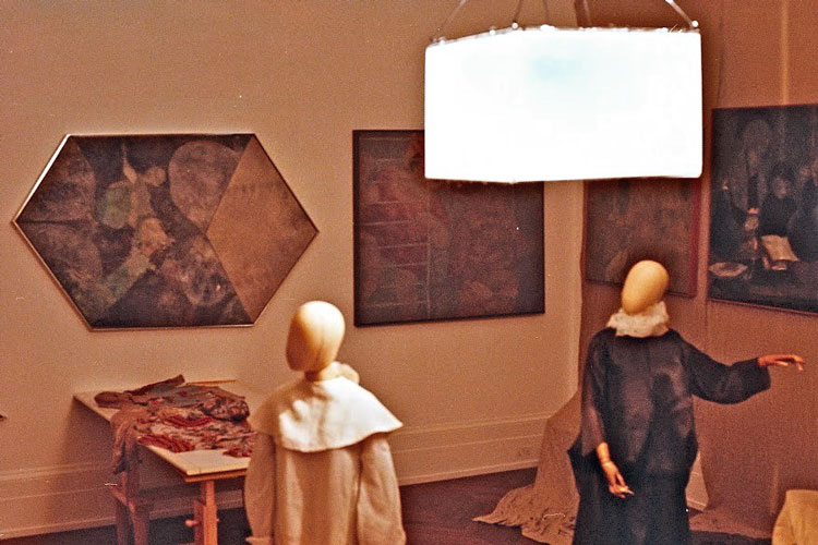 Kai Althoff. View of Kai Althoff , Michael Werner Gallery, London, 2014. Paintings, mannequins , dresses, knitwear, linen fabric, furniture, lamp, dimensions variable.
