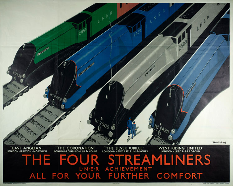 The Four Streamliners. Poster, 1937. Artwork by Tom Purvis, published by London and North Eastern Railway, printed by Jarrold & Sons Ltd. © National Railway Museum/Science & Society Picture Library.