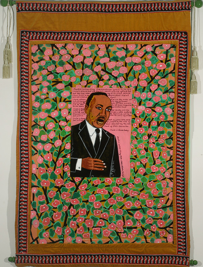 Faith Ringgold, Coming to Jones Road Tanka #3 Martin Luther King, 2010. Acrylic on canvas with pieced fabric border, 65 x 43 in. Photo courtesy the artist and ACA Galleries, New York.