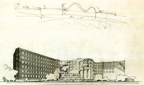 Alvar Aalto. Baker House, MIT (1949), perspective of river elevation (1947).