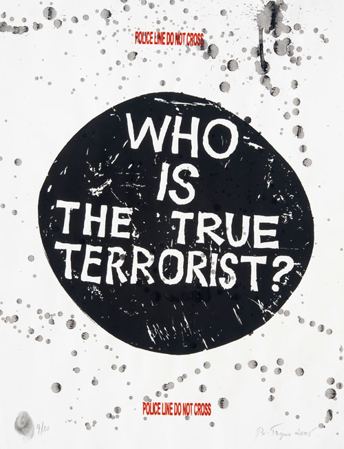 Barthélémy Toguo. Who is the terrorist?, 2005. Stamping and ink on paper, 65 x 50 cm. Edition of 10. © Barthélémy Toguo; Coutesy of Gallery Lelong, Paris. Photograph: Fabrice Gibert.