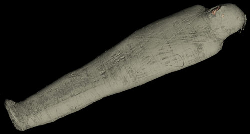 CT scan 3D visualisation of the mummified remains of Tayesmutengebtiu, also called Tamut, showing the wrappings. © Trustees of the British Museum.