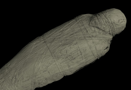 The CT scan of the mummy of an adult male (name unknown), showing the surface of the wrappings. © Trustees of the British Museum.