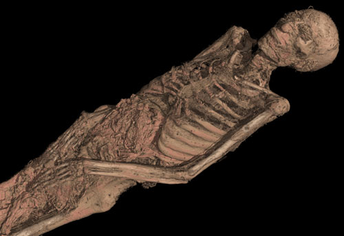 The CT scan of the mummy of an adult male (name unknown), showing his mummified remains. © Trustees of the British Museum.