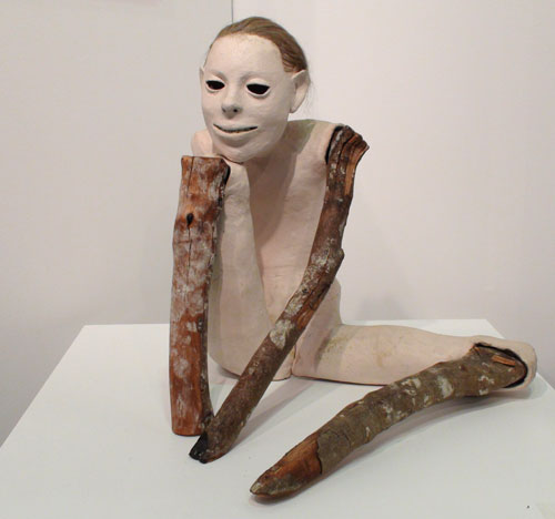 Daisy Youngblood. <em>Watching Girl,</em> 1983. Low fire clay, wood, hair, 15½ x 16½ x 15 in. McKee Gallery. Photograph: Miguel Benavides.