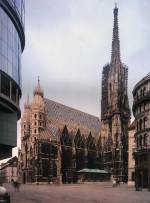 The St Stephens Cathedral, Vienna, faced by the Haas Haus Centre. Architect Professor Hans Hollein (1983).