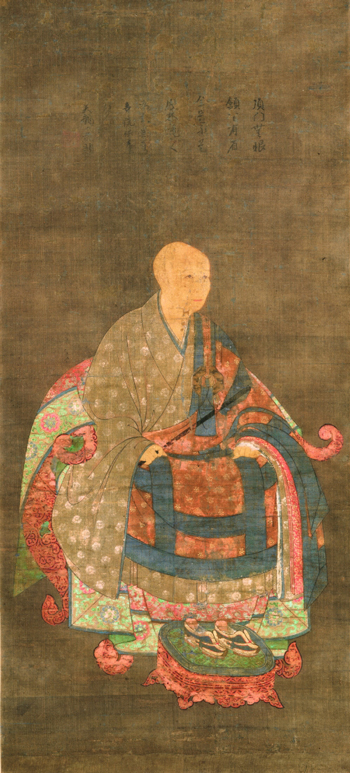 <em>Portrait of Shun’oku Myoha</em>. Painter unknown. Japanese, Nanbokucho period (1336-1392), ca. 1382-1383. Hanging scroll, ink and colors on silk; 114.3 x 52.0 cm. Collection of Sylvan Barnet and William Burto. Courtesy of Sylvan Barnet and William Burto.