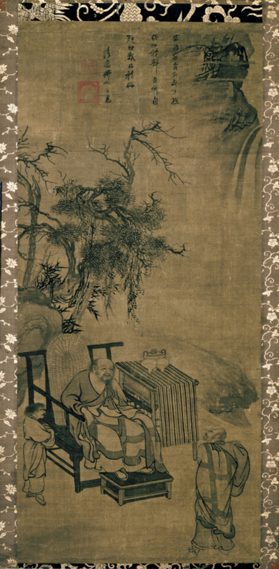 <em>Encounter Between Xuansha and Xuefeng</em>. Attributed to Muqi (act. mid- to late 13th c.). Inscribed by Yuji Zhihui (act. ca. 1298). Chinese, Yuan dynasty (1279–1368), late 13th c. Hanging scroll, ink on silk; 102.0 x 46.0 cm. Kyoto National Museum. Important Cultural Property. Courtesy of Kyoto National Museum.