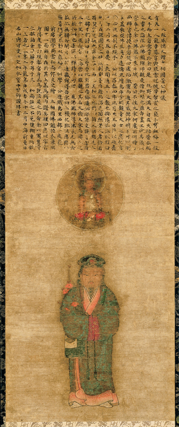 <em>Tenjin Visiting China</em>. Painter unknown. Inscribed by Yoka Shinko (d. 1437). Japanese, Muromachi period (1392–1573), 1430. Hanging scroll, ink and colors on paper; 88.2 x 36.3 cm. Horai Collection LLC. Courtesy of Horai Collection LLC.