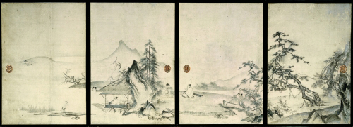<em>The Four Gentlemanly Accomplishments</em>. Oguri Sokei (act. late 15th–early 16th c.). Japanese, Muromachi period (1392–1573), 16th c. Eight sliding-door panels (in two sets of four), ink and light colors on paper; 171.0 x 117.5 cm (each, first set); 169.5 x 91.2 cm (each, second set). Kyoto National Museum. Important Cultural Property. Photo: Kanai Morio; courtesy of Kyoto National Museum.