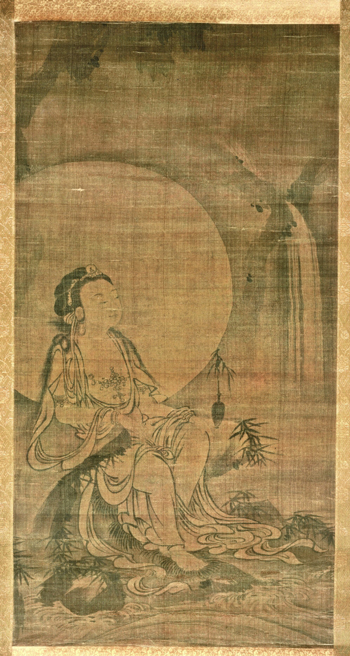 <em>White-Robed Kannon</em>. Attributed to Yue Hu (act. 14th c.). Japanese, Muromachi period (1392–1573), 15th c. Hanging scroll, ink on silk; 180.6 x 57.2 cm. Asia Society, New York: Mr. and Mrs. John D. Rockefeller 3rd Collection, partial gift of Rosemarie and Leighton Longhi in honor of Sherman Lee, 1998.001. Photograph by Carl Nardiello, courtesy of the Asia Society.