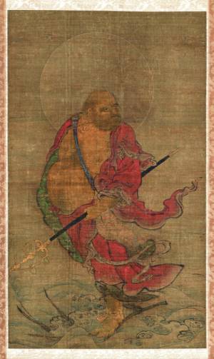<em>Bodhidharma Crossing the Yangzi River on a Reed</em>. Painter unknown. Japanese, Nanbokucho period (1336–1392). Hanging scroll, ink, colors, and gold on silk; 69.0 x 40.6 cm. Museum of Fine Arts, Boston, William Sturgis Bigelow Collection, 11.6312. Photograph © 2007 Museum of Fine Arts, Boston.