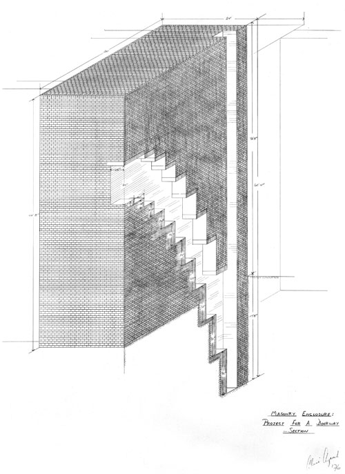 Alice Aycock. Masonry Enclosure: Project for a Doorway – Section, 1976. Graphite on tracing paper, 34 ¼ x 24 in. National Gallery, Washington, DC, Gift of Werner Kramarsky.