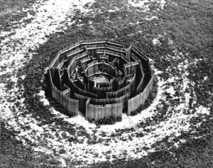Alice Aycock. Maze, 192. 12-sided wooden structure of 5 concentric dodecagonal rings, broken by 19 points of entry and 17 barriers; 32 diameter x 6 ft h. Originally sited at Gibney Farm near New Kingston, Pennsylvania, (destroyed 1974)
Photo: Silver Spring Township Police Department, Mechanicsburg, PA.
