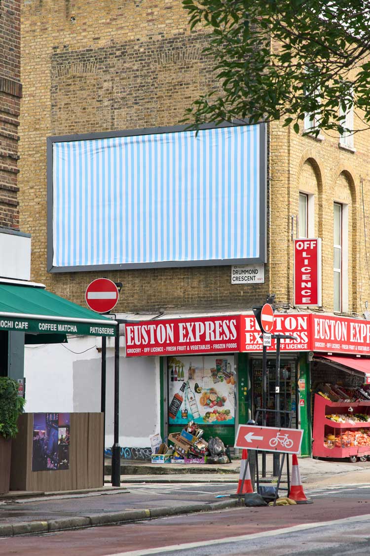 Daniel Buren, A Work in Situ, 2026. Billboard, 20 x 10 ft, Eversholt Street, London. Image courtesy Lisson, London.