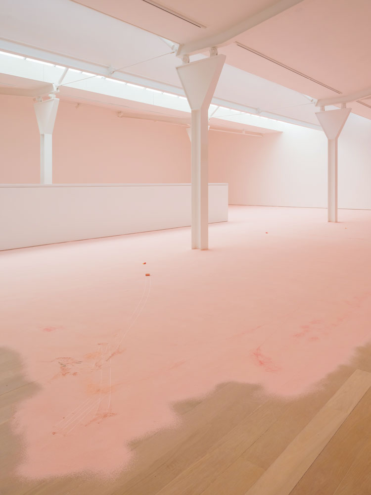 Karla Black. Punctuation is pretty popular: nobody wants to admit to much, (detail), 2008/2021. Plaster powder, powder paint, thread. Courtesy Galerie Gisela Capitain, Cologne and Modern Art, London. 
Photo: Tom Nolan.