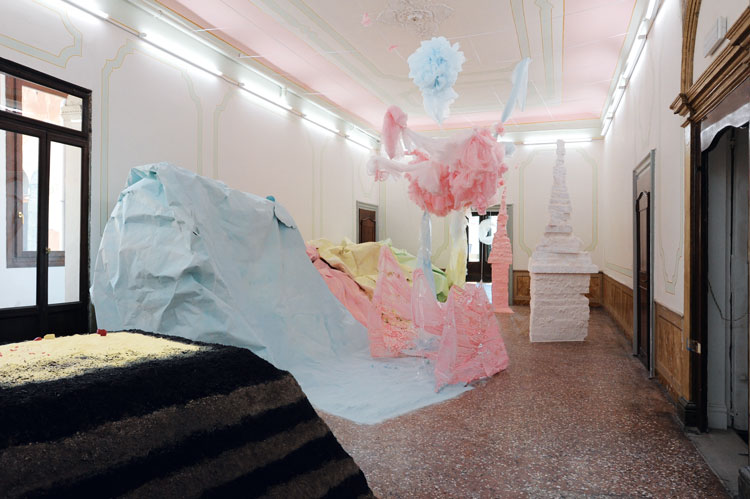 Karla Black, installation view, Palazzo Pisani, Scotland + Venice, 2011. Courtesy the artist and Galerie Gisela Capitain, Cologne. Photo: Gautier Deblonde.