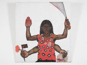 Sutapa Biswas. Housewives with Steak-knives, 1984-85. Oil, acrylic, pastel, pencil, white tape, collage on paper mounted onto stretched canvas, 2450 x 2220mm. © Sutapa Biswas. All rights reserved, DACS/Artimage 2020. Photo: Andy Keate