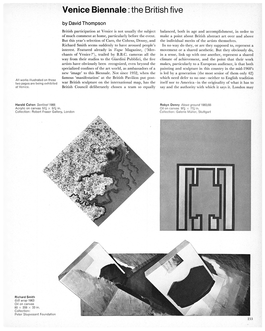 Venice Biennale: the British five by David Thompson, Studio International, Vol 171, No 878, June 1966, page 233. © Studio International.