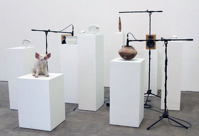Oliver Beer. Making Tristan (for London), 2016.  Live installation, including Greek alabastron from 6th century BC, a Roman-Palestinian cooking pot from 1st century BC, artist’s grandfather’s ceramic pig and grandmother’s chamber pot; microphones, mixer and speakers. Photograph: Martin Kennedy.