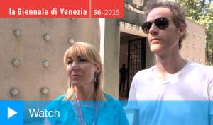 Curator Katerina Gregos and artist Vincent Meessen, Belgian Pavilion, Venice, May 2015.