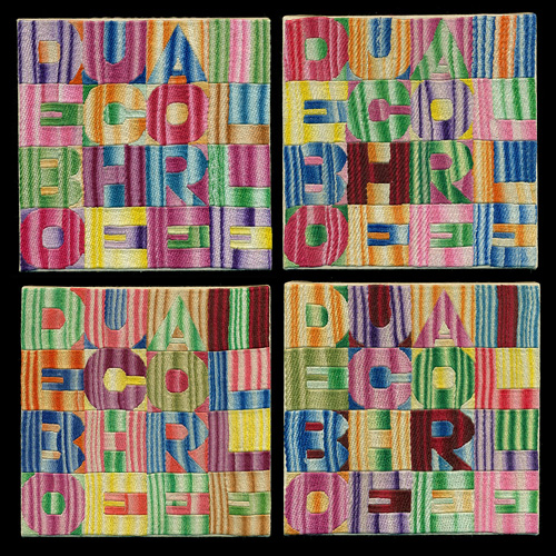 Alighiero Boetti. De Bouche a Oreille, 1993. Embroidery on fabric, each 18 x 18 cm. Courtesy Mazzoleni London.