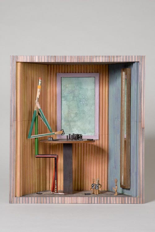 Andràs Böröcz. <em>Domino Solo</em>, 2006. Carved pencils, mixed media construction 13 3/4 x 10 5/8 x 5 ¼ in. Courtesy Adam Baumgold Gallery.