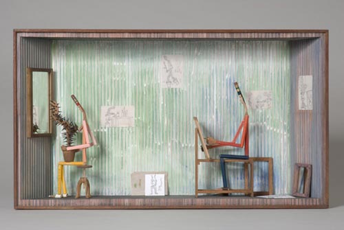 Andràs Böröcz. <em>Model with Cactus</em>, 2006. Carved pencils, mixed media construction 14 x 24 1/2 x 4 ¼ in. Courtesy Adam Baumgold Gallery.