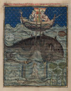 Alexander the Great visits the bottom of the sea in a diving-bell (in the Romance of Alexander), Northern France, around 1290–1300. Book illumination and gold on parchment, 26 x 18.8 cm. © Staatliche Museen zu Berlin, Kupferstichkabinett/Jörg P. Anders.