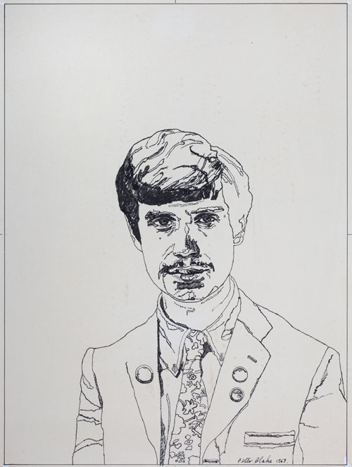 Peter Blake. The Student, 1967. Ink on paper , 34.5 x 25.7cm. Cover illustration for Student magazine, published by the 16-year-old R Branson. Robert Fraser Gallery.