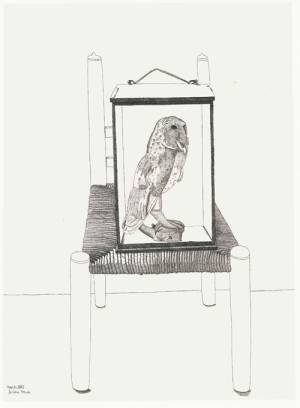 Lucian Freud. Untitled (Interior drawing, The owl), 1945. Pen and ink on paper, 54.5 by 40.5 cm. Private collection.