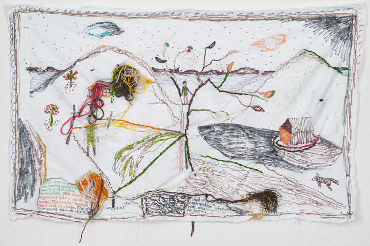 Brian Dawn Chalkley. Anticipation of what was about to come, 2020. Pencil, felt tip and thread on cotton pillow case, 75 cm x 45 cm.