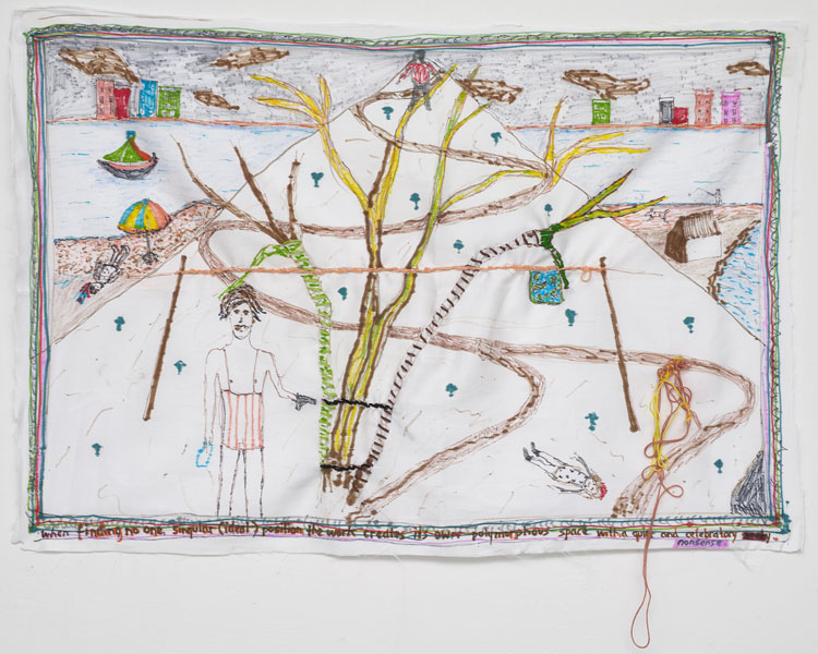 Brian Dawn Chalkley. Ideal, 2020. Pencil, felt tip and thread on cotton pillow case 75 cm x 45 cm